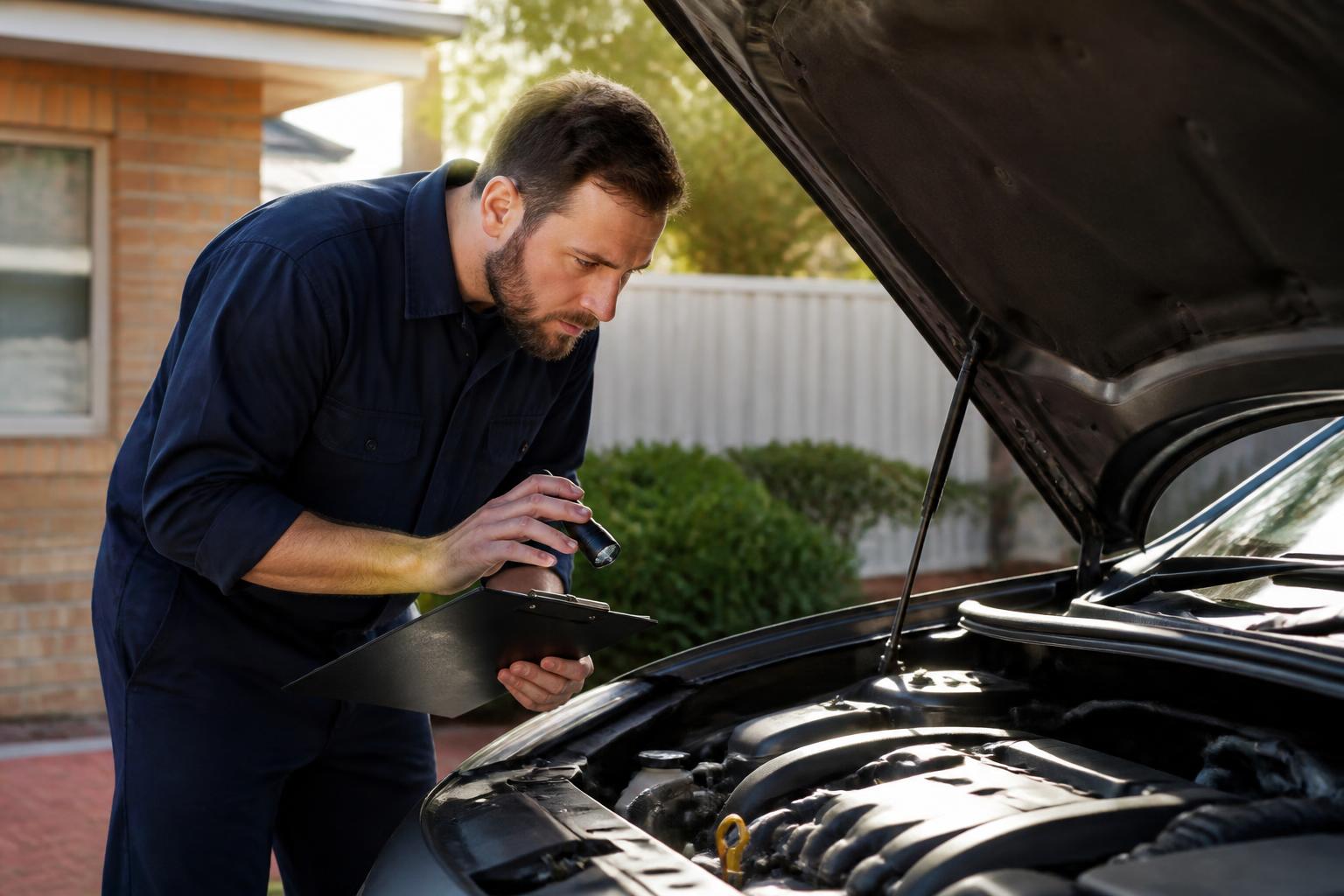 Qualified mobile mechanic inspecting a used Toyota Camry in a Bankstown driveway