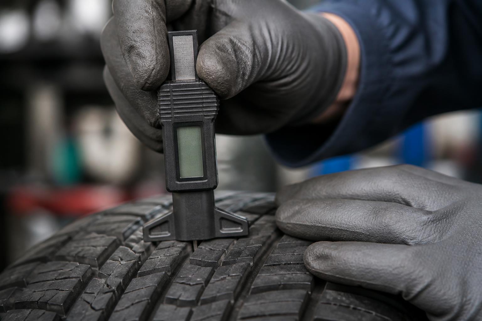 Mechanic measuring tyre tread depth on a used Mazda CX-5 in Bankstown