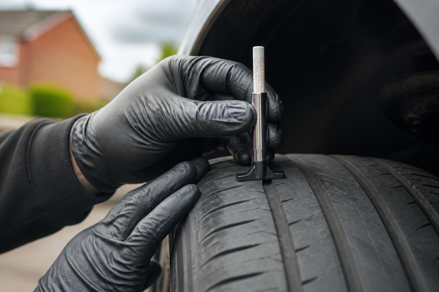 Mechanic measuring tyre tread depth on a used family sedan at a Blacktown dealership
