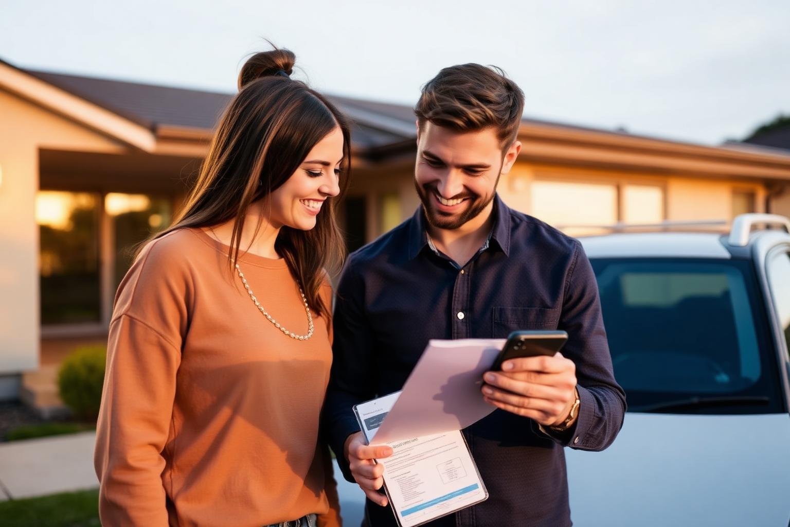 Northern Beaches couple reviewing their pre-purchase car inspection report on a phone