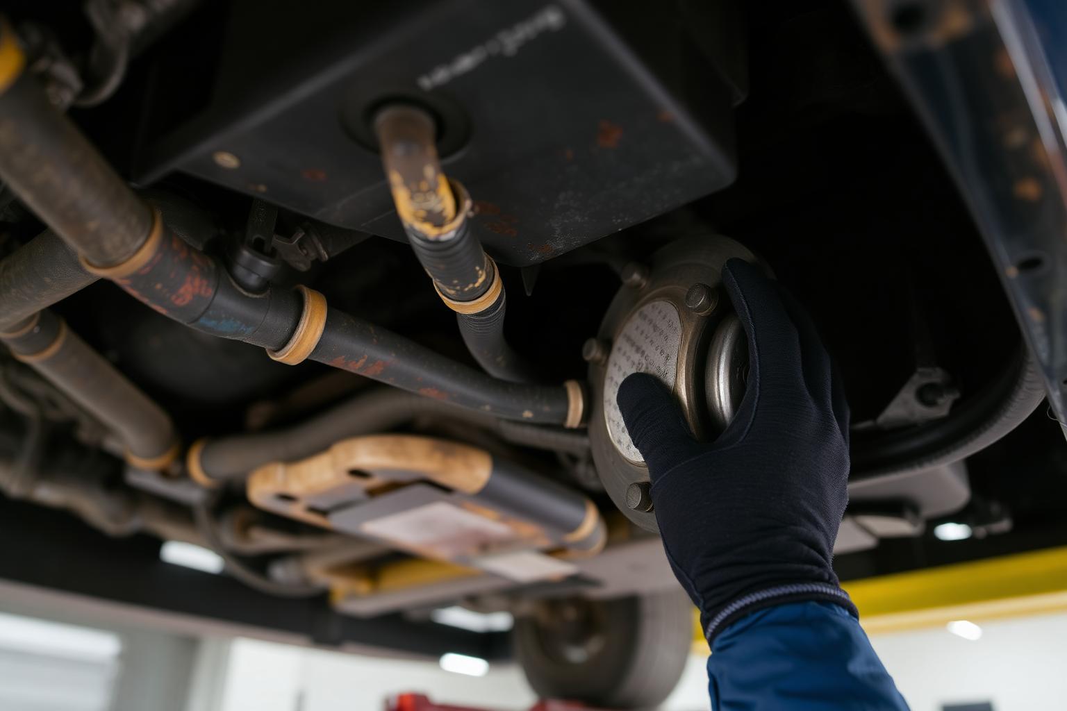 Mechanic inspecting underbody, brake lines and suspension components for salt-air corrosion on a Northern Beaches used car