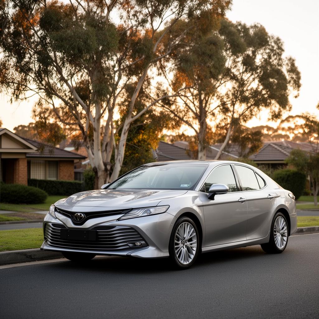 Silver Toyota Camry XV70 sedan parked on a Sydney suburban street at golden hour with eucalyptus trees in the background