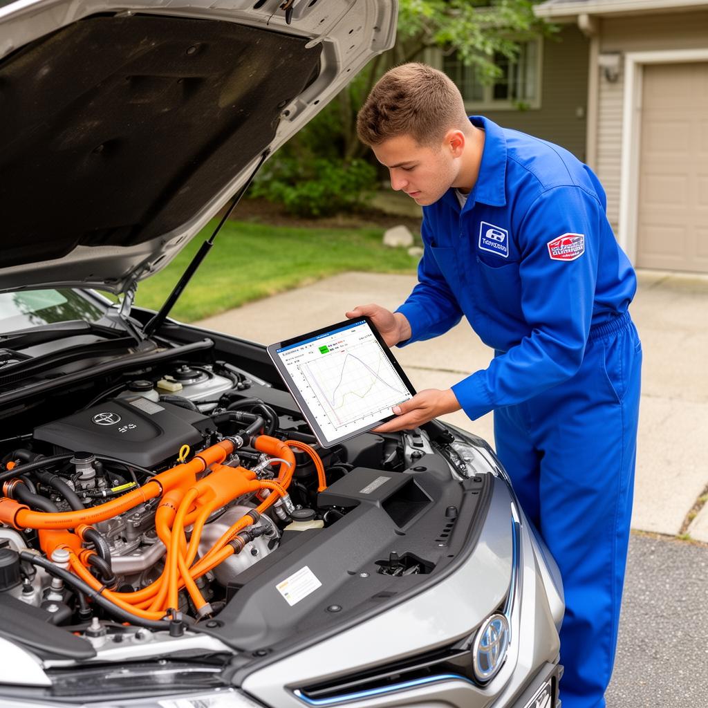 Mechanic in blue workwear reading hybrid battery state-of-charge data on a tablet next to the open engine bay of a Toyota Camry Hybrid with orange high-voltage cables visible
