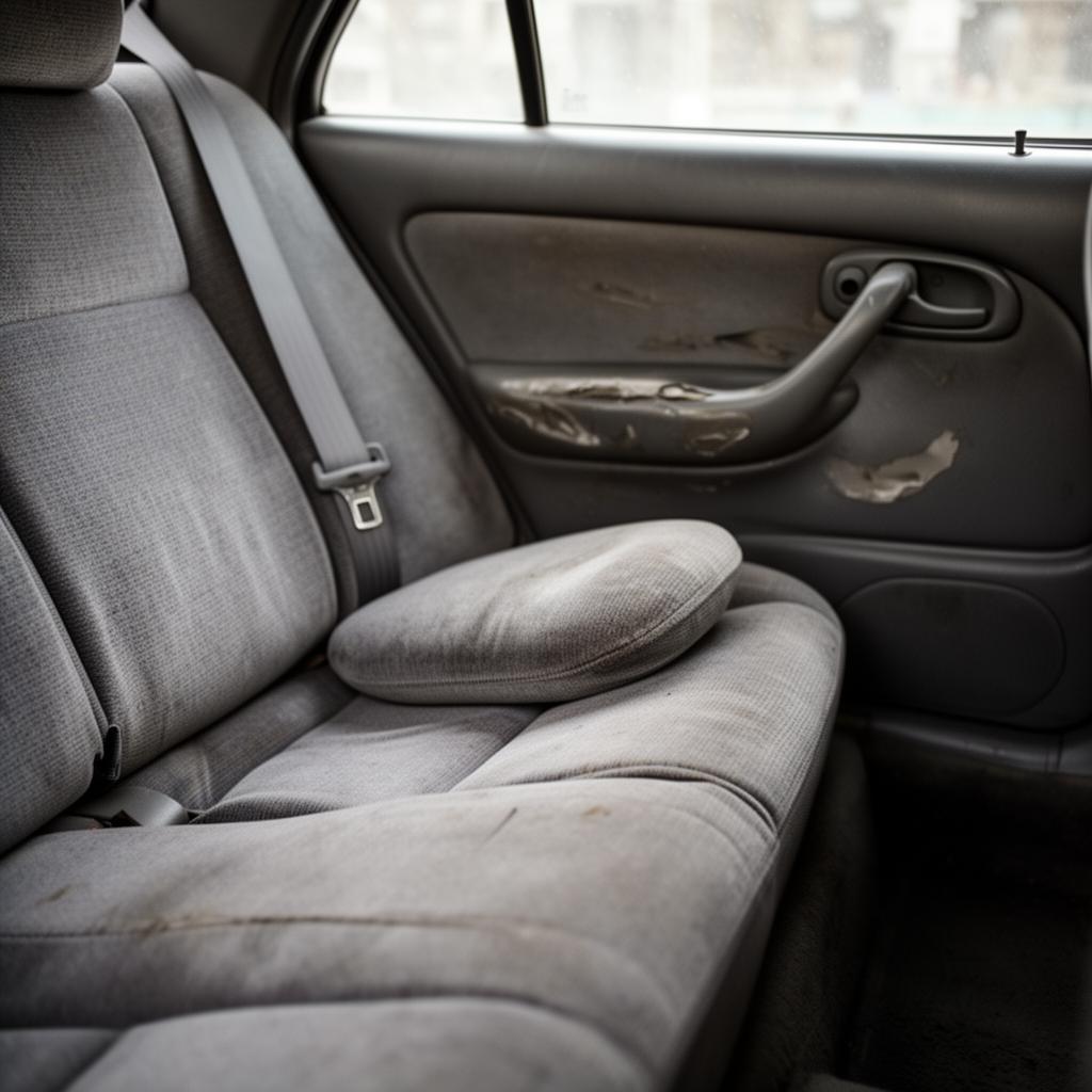 Worn cloth rear seat in a sedan showing a compressed driver's-side rear cushion and scuffed door card around the inner door pull