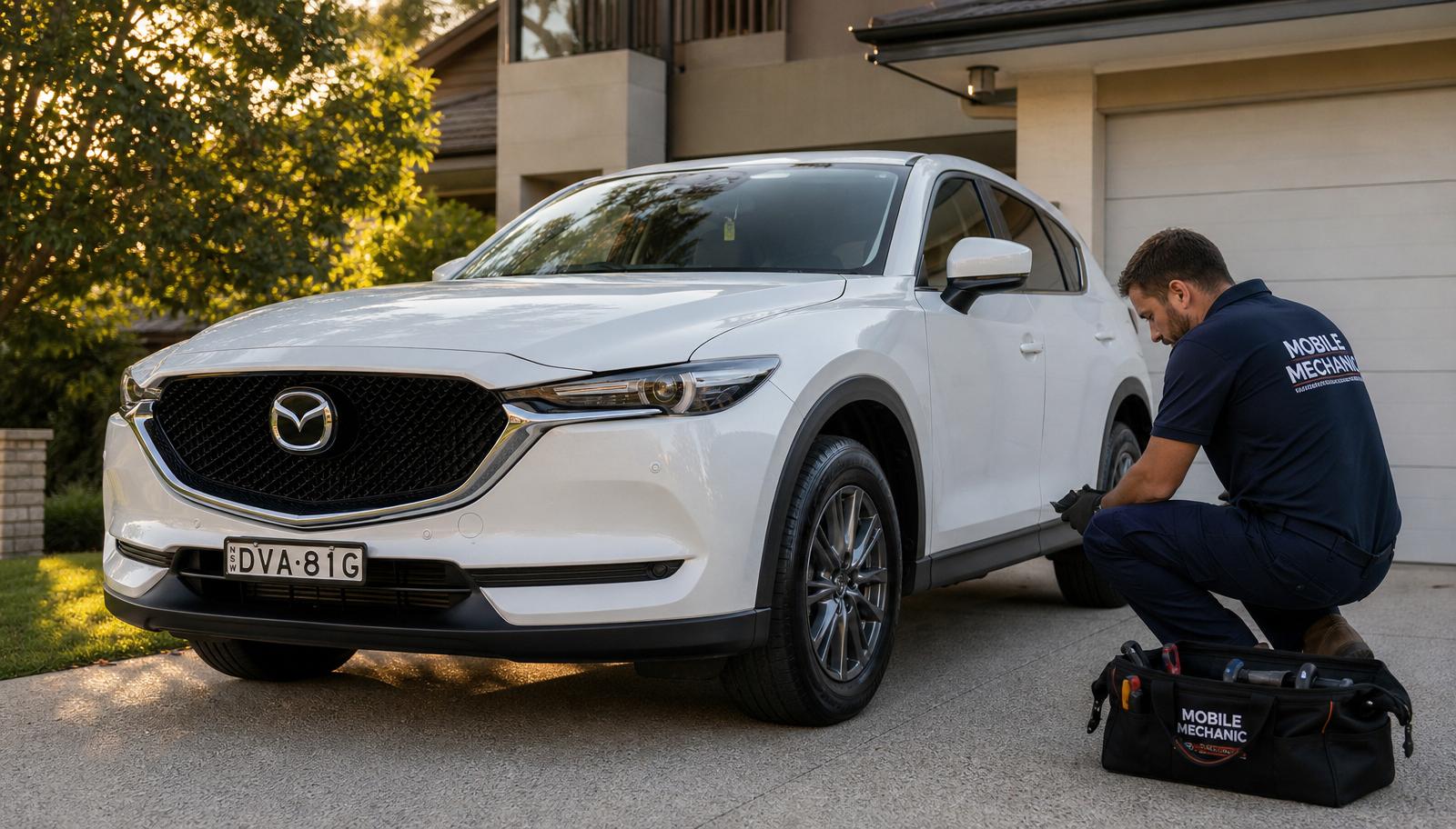 Mobile mechanic in navy workwear inspecting the engine bay of a white Mazda CX-5 in a Sydney driveway at golden hour