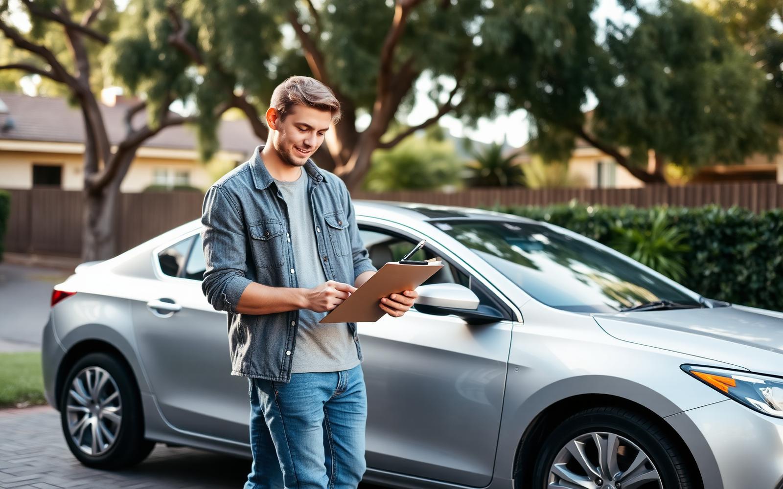 Young Sydney car buyer in casual clothes standing next to a silver sedan in a suburban driveway, examining vehicle documents on a clipboard