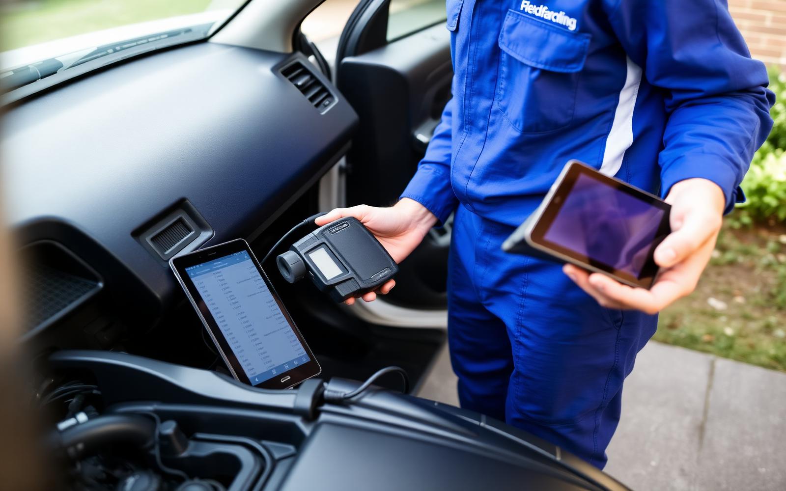 Aussie Auto Care inspector in blue workwear connecting an OBD-II diagnostic scanner to a car's diagnostic port while holding a tablet displaying live engine data
