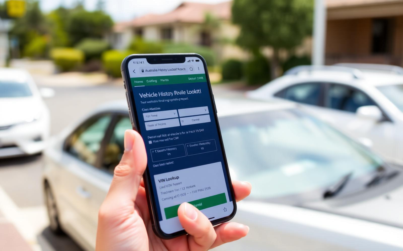 Hand holding a smartphone displaying a vehicle history and VIN lookup result in front of a parked sedan in an Australian suburban street