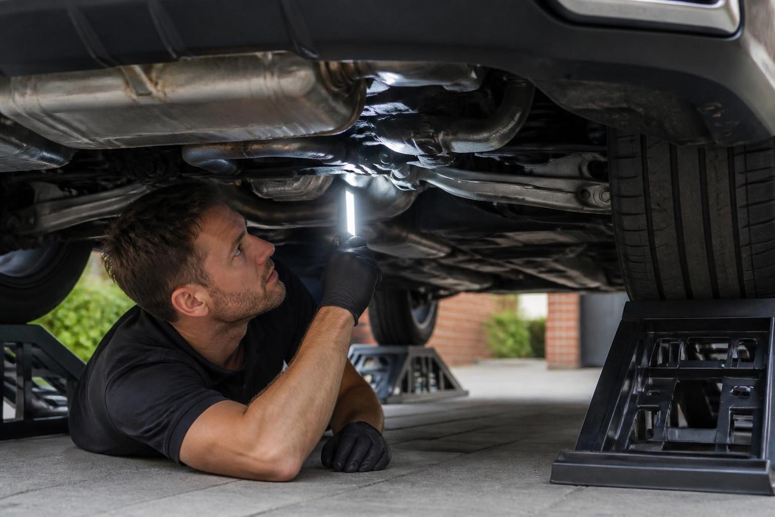 Mechanic inspecting the underbody of a European luxury car for salt-air corrosion near Bondi Beach