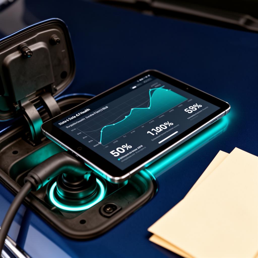 Diagnostic tablet displaying live electric vehicle battery data during an inspection