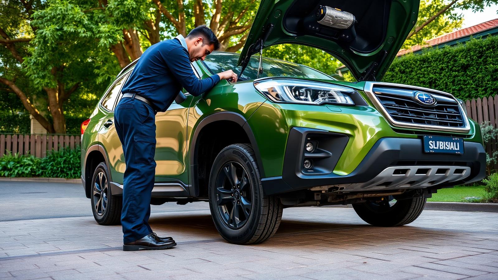 Mobile mechanic in navy workwear inspecting the engine bay and undercarriage of a green Subaru Forester in a leafy Sydney driveway