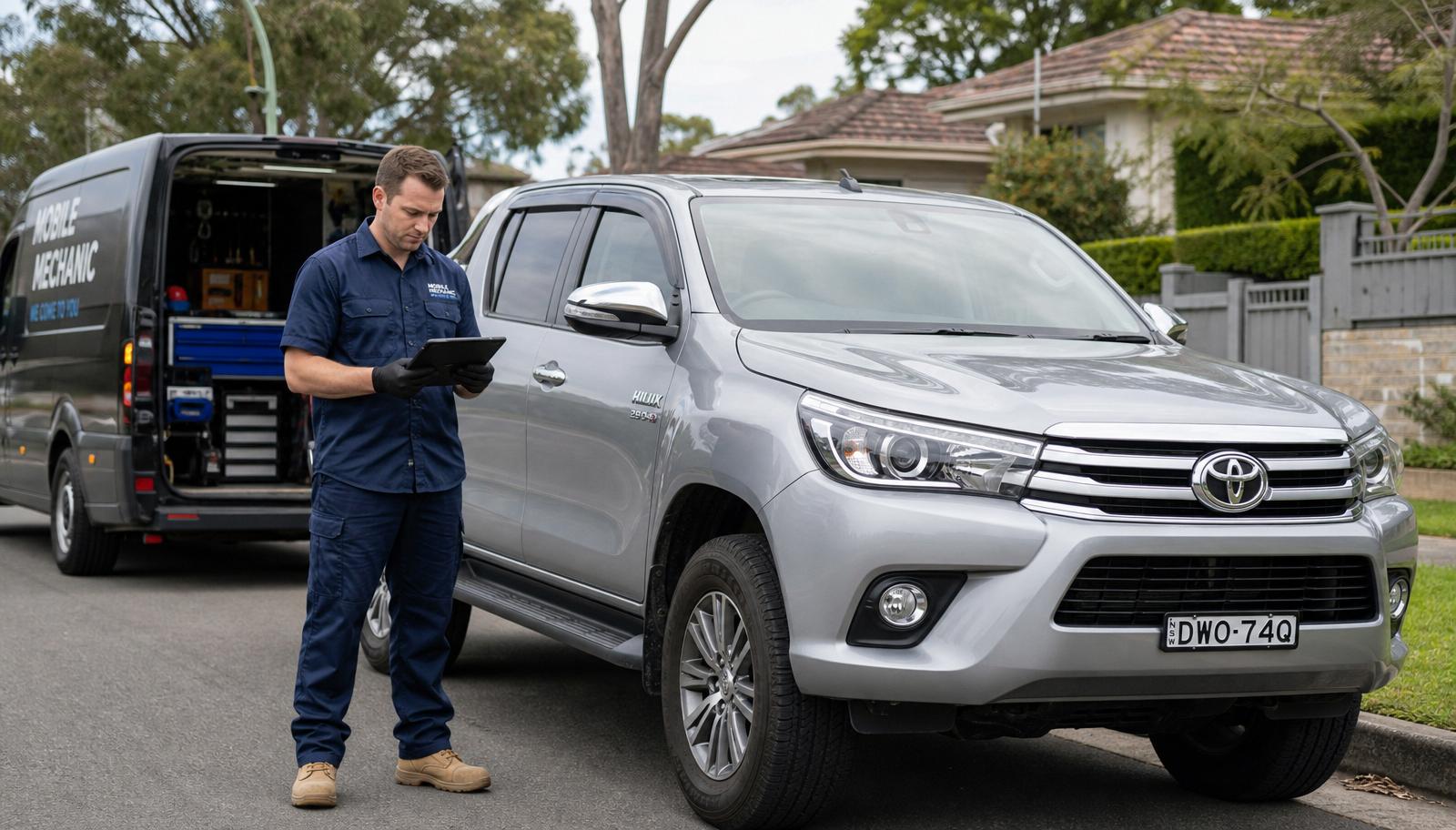 Mobile mechanic in navy workwear crouched at the rear of a silver Toyota HiLux dual cab inspecting the chassis and tow bar area