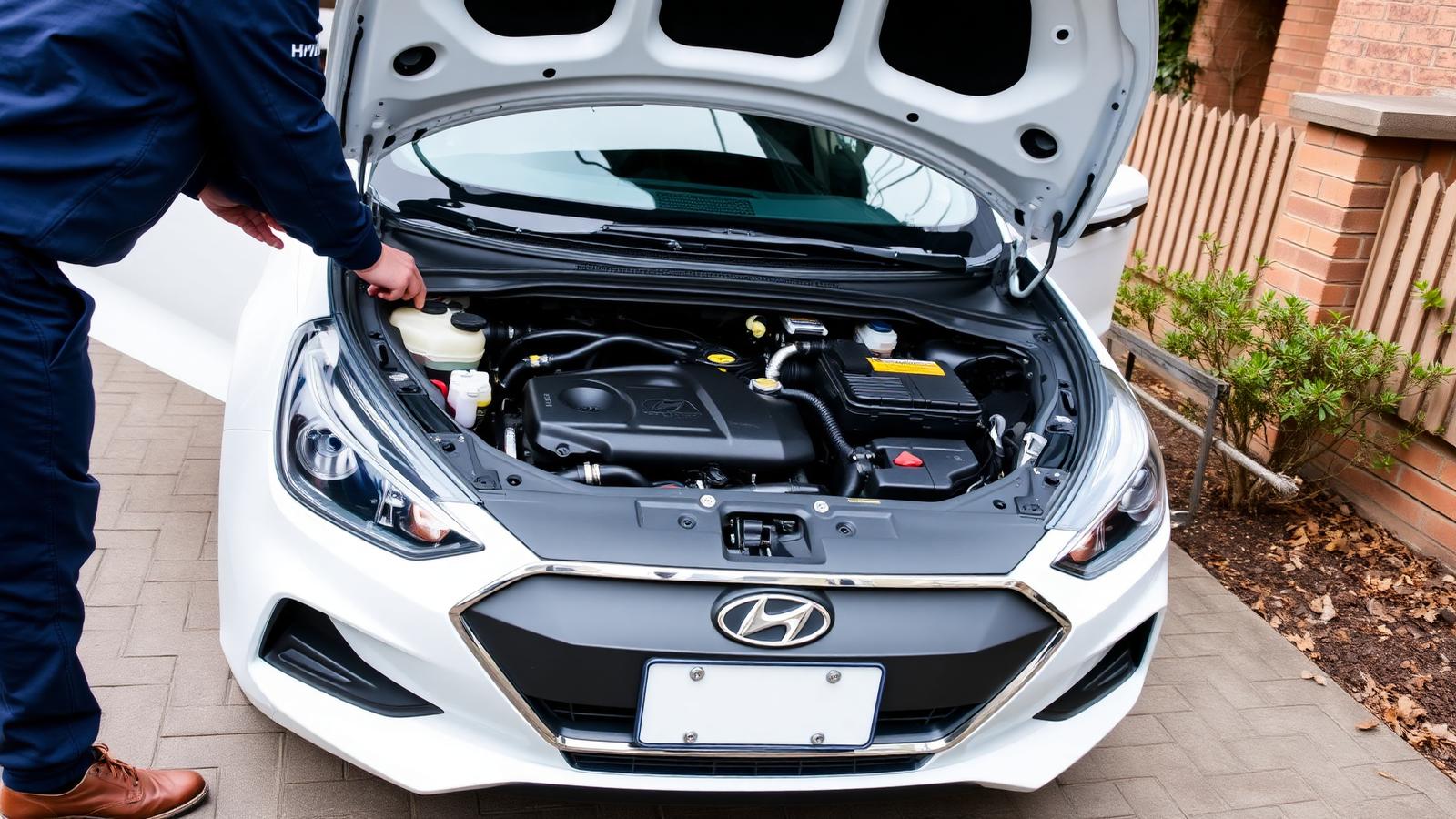 Mobile mechanic in navy workwear inspecting the engine bay of a white Hyundai i30 hatchback in a Sydney suburban driveway