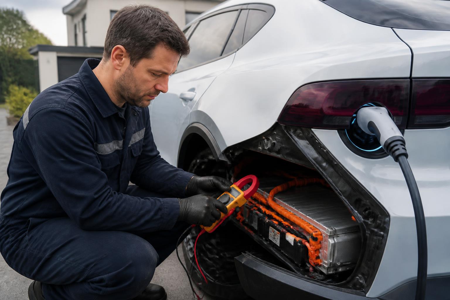 Mechanic checking the high-voltage charging port on a used BYD Atto 3 in the Inner West