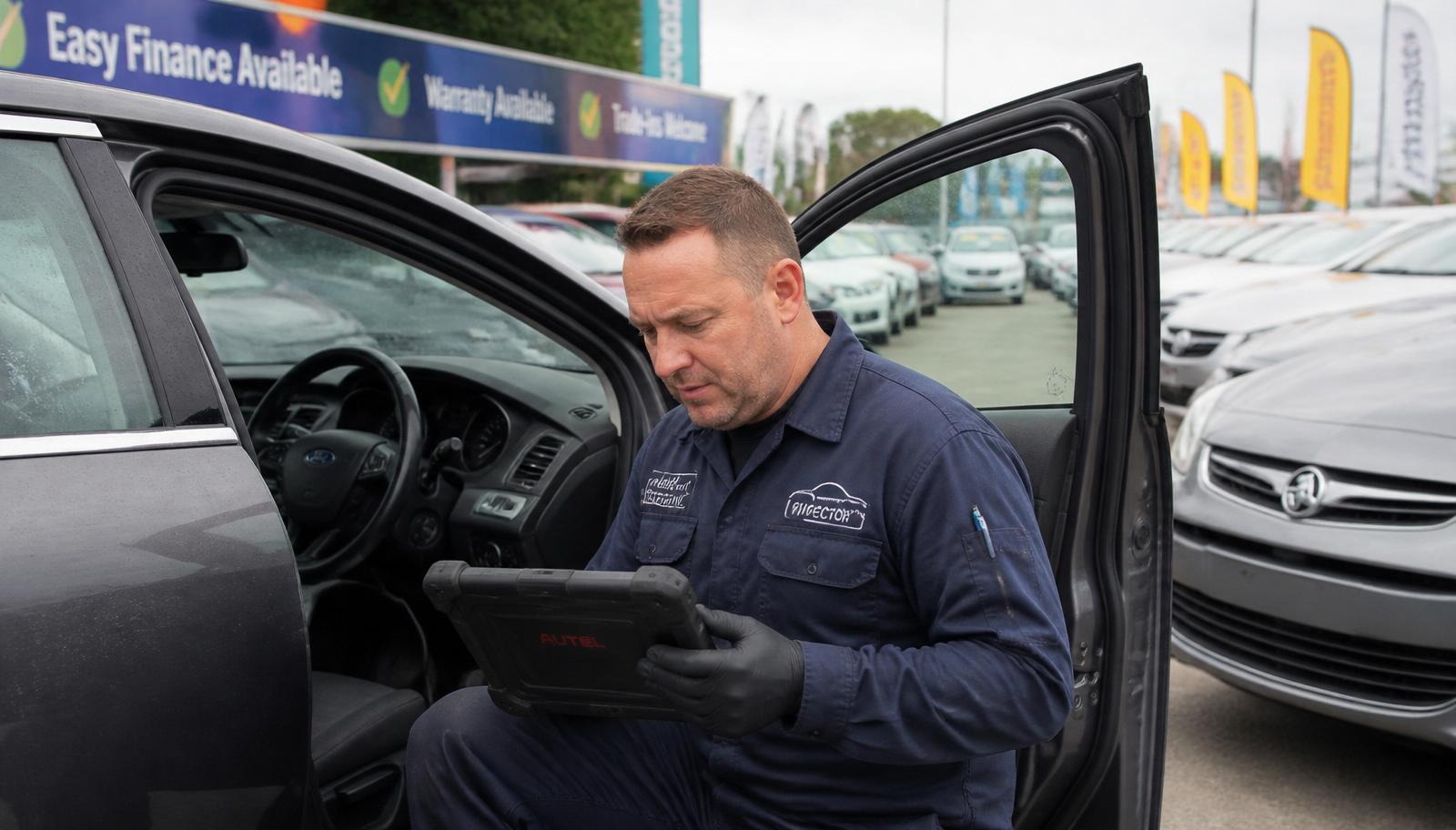 Aussie Auto Care mobile inspector running an OBD-II diagnostic scan on a used sedan at a Lansvale dealership forecourt