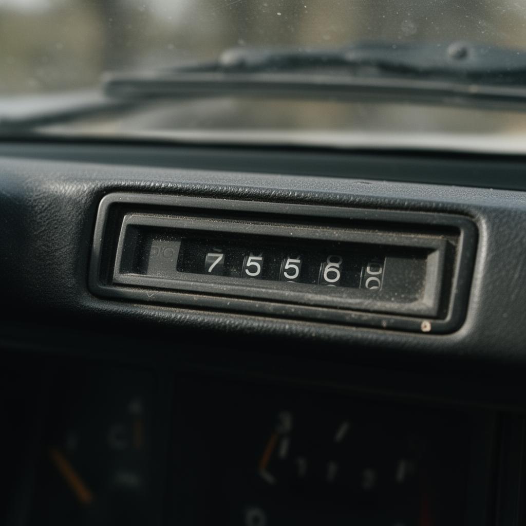 Close-up of a worn analog car odometer showing high mileage on the dashboard of a used vehicle