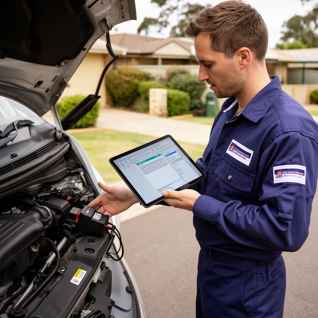 Aussie Auto Care inspector using an OBD-II diagnostic scanner connected to a car's engine bay, reading live ECU data on a tablet