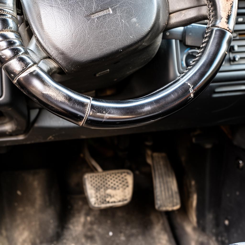 Worn leather steering wheel polished smooth at the 9 o'clock grip position next to a worn brake pedal rubber in the footwell