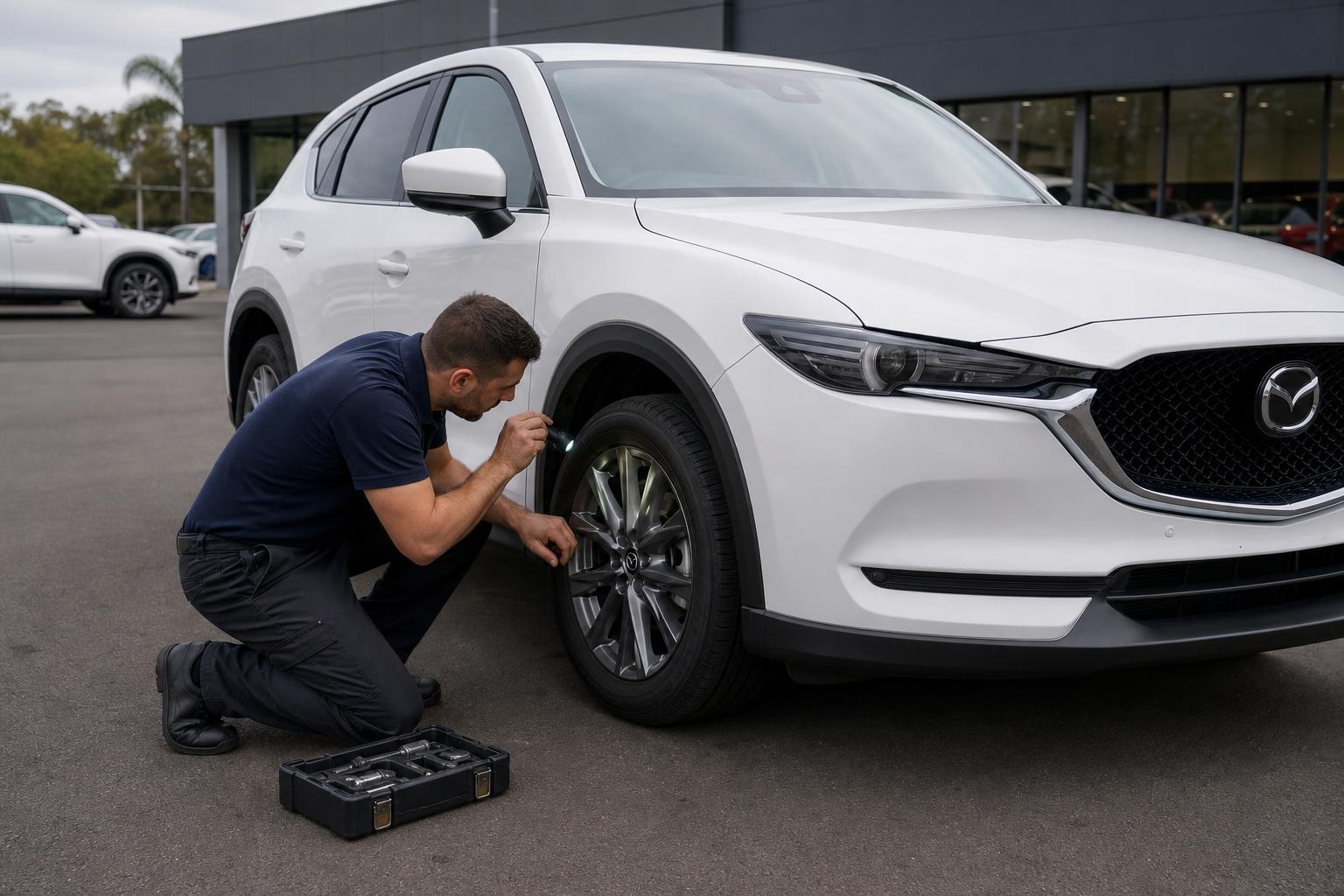 Mobile mechanic inspecting brake pads on a used car at a Parramatta dealership