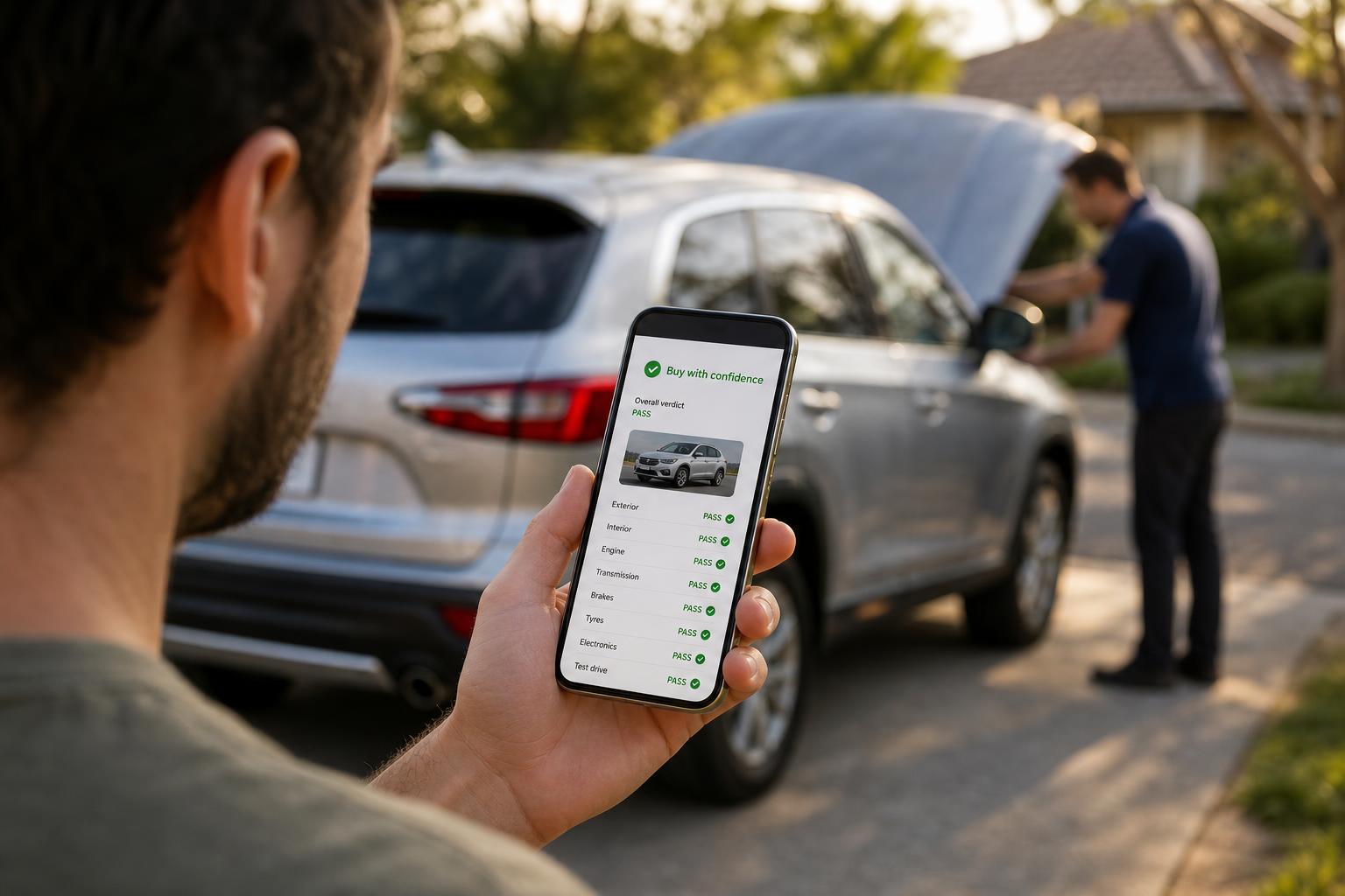 Parramatta buyer reviewing a mobile pre-purchase car inspection report on a phone