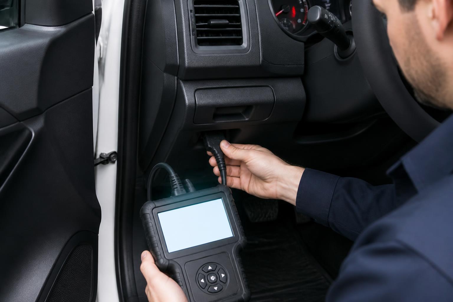 Mechanic running an OBD-II diagnostic scan on a used car in a Penrith driveway