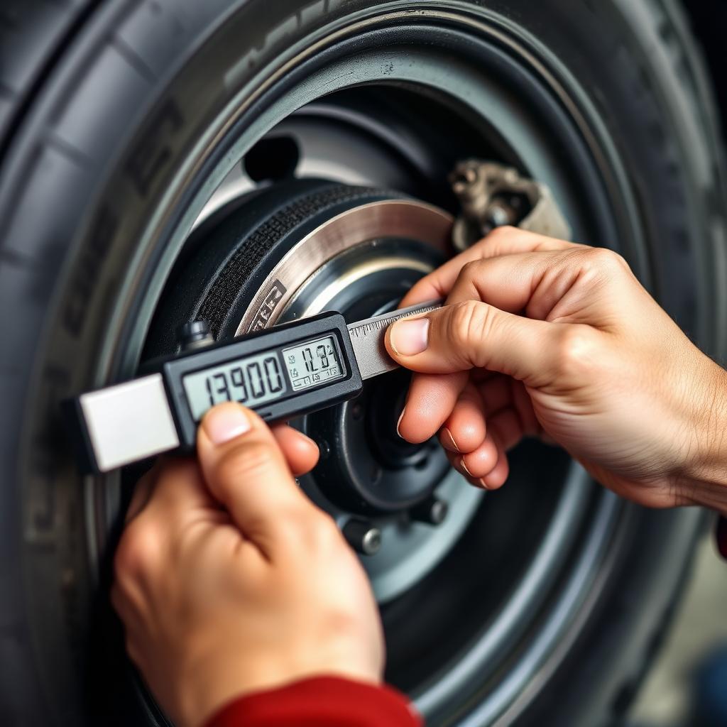 Mechanic measuring tyre tread depth with a digital gauge, brake disc and caliper visible in background