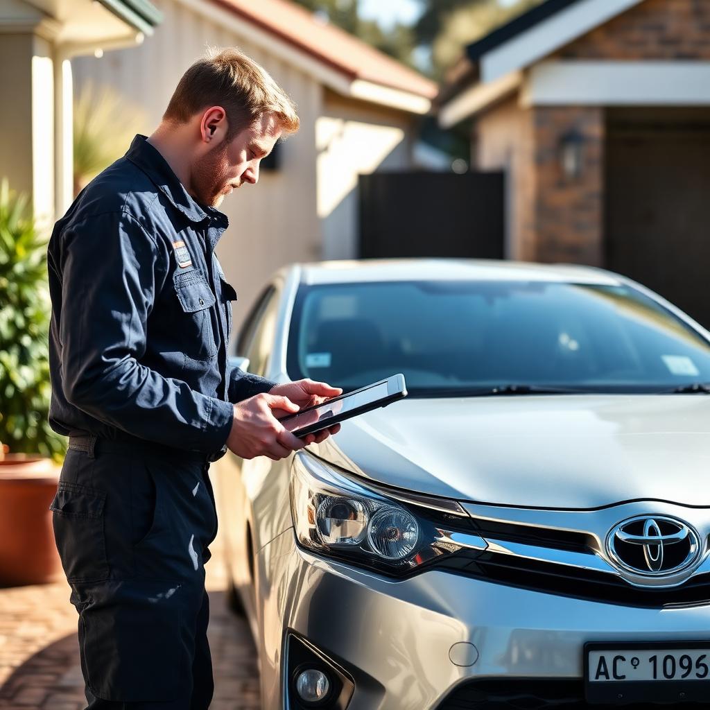 Licensed mobile inspector in dark workwear performing an eSafety check on a silver sedan parked in a Parramatta driveway