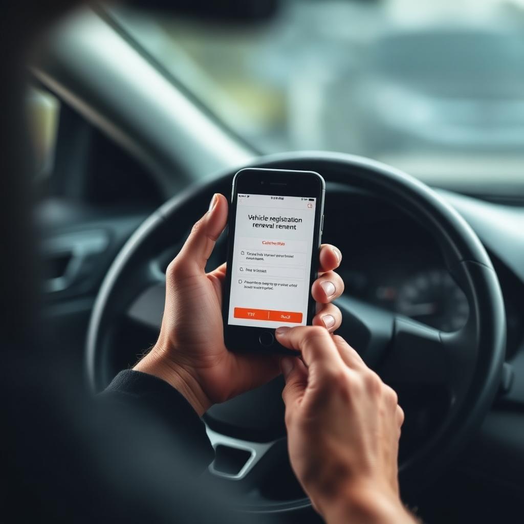 Driver holding a smartphone inside their car showing a vehicle registration renewal screen