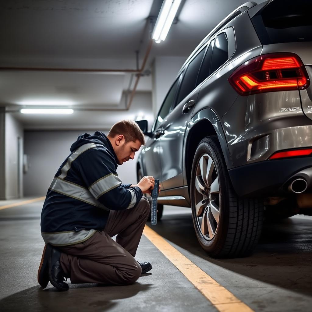 Mobile inspector kneeling beside a parked SUV checking tyre tread with a depth gauge in a Sydney apartment basement car park