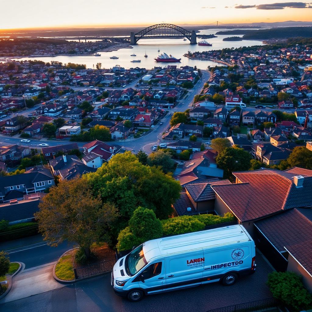 Aerial view of Sydney at golden hour with the Harbour Bridge in the distance and a mobile inspector's van parked in a suburban street in the foreground