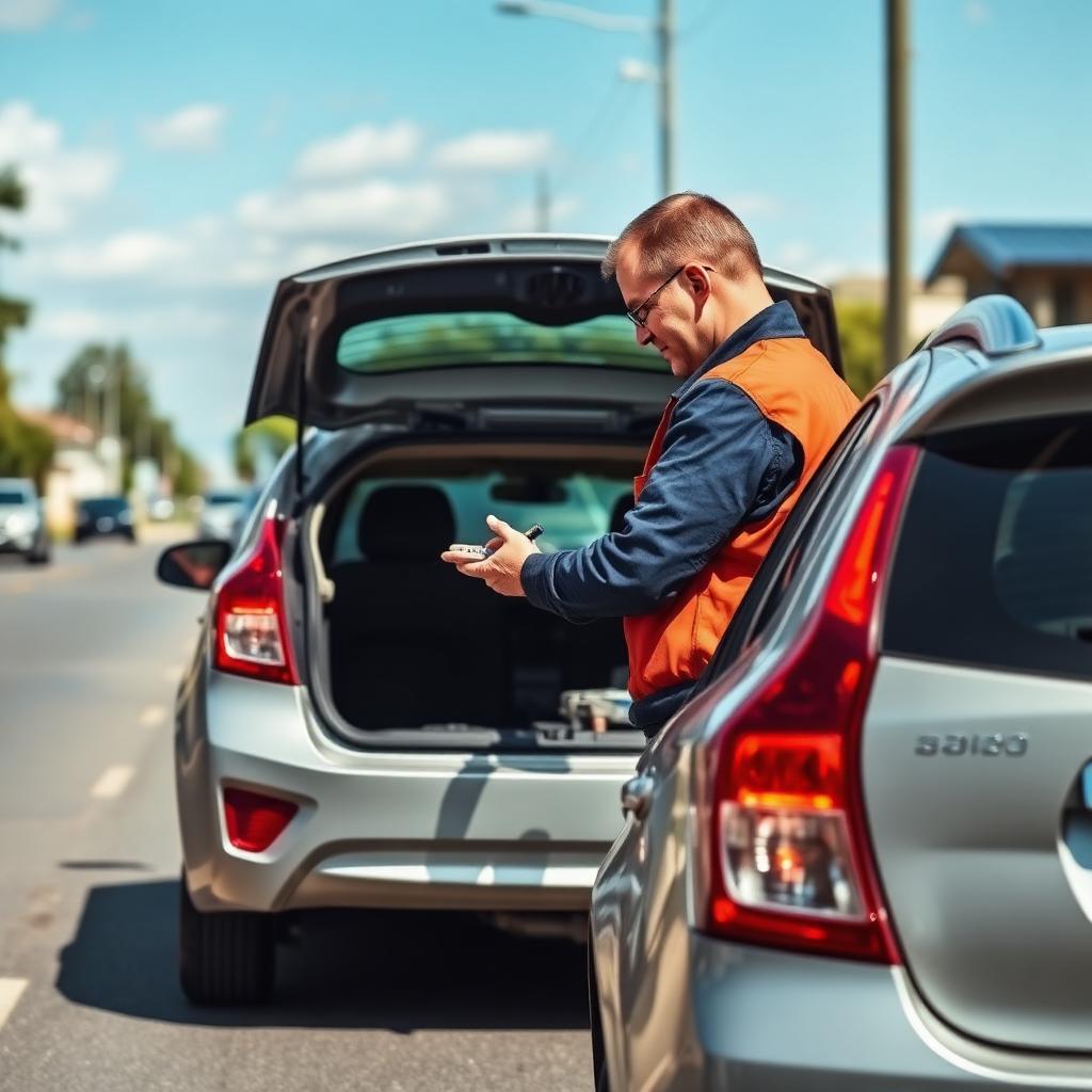 Mobile mechanic in hi-vis vest checking brake lights at the rear of a hatchback in a Sydney suburban street