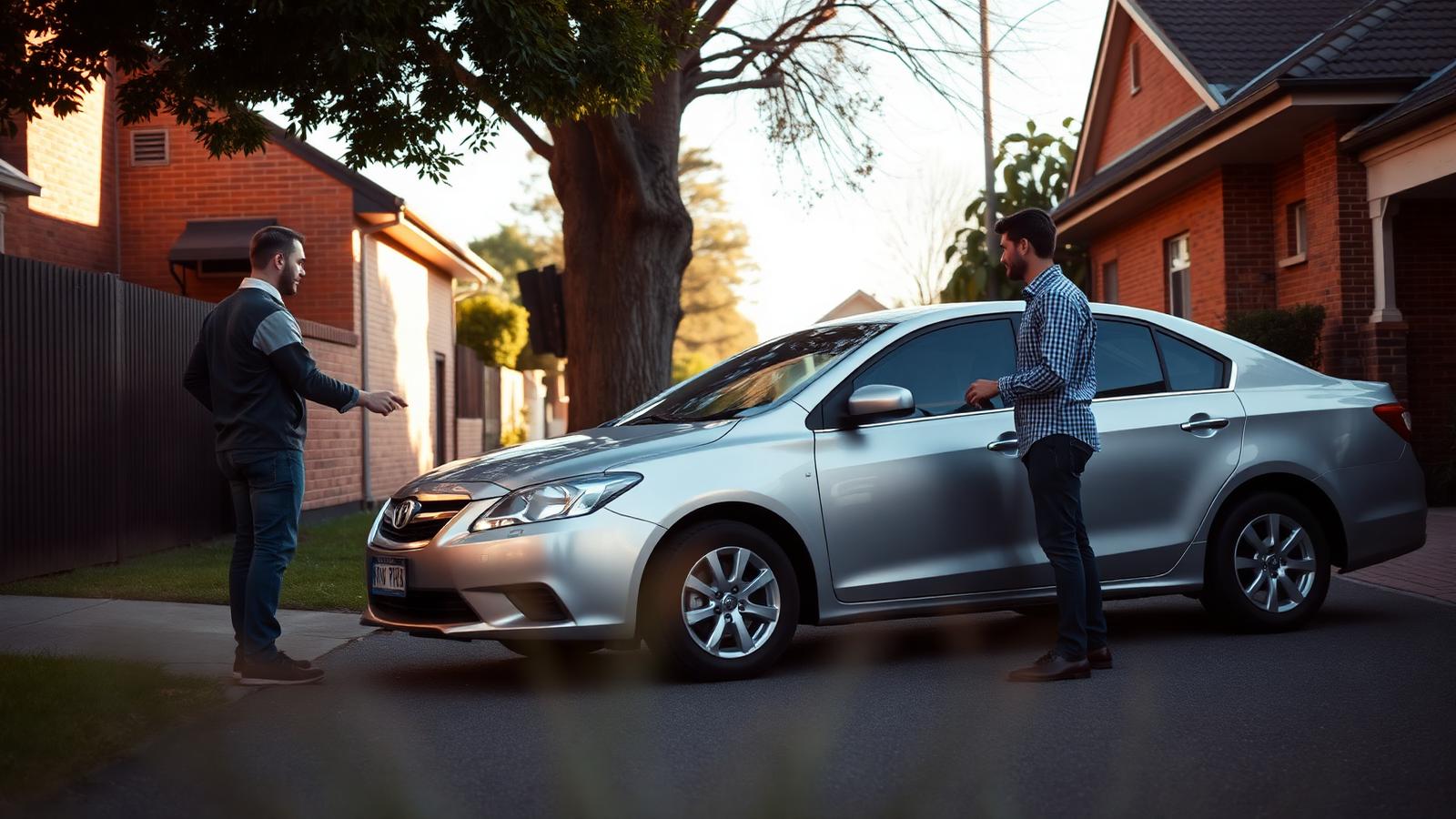 Private used-car sale in a Sydney suburban driveway — buyer and seller beside a silver sedan in late afternoon light