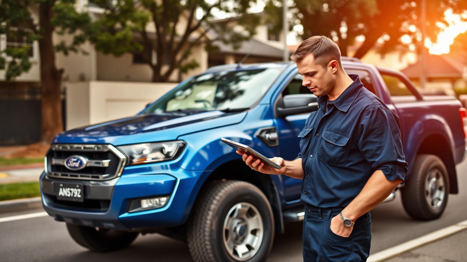 Mobile mechanic in navy workwear scanning the OBD port of a blue Ford Ranger dual cab on a Sydney suburban street