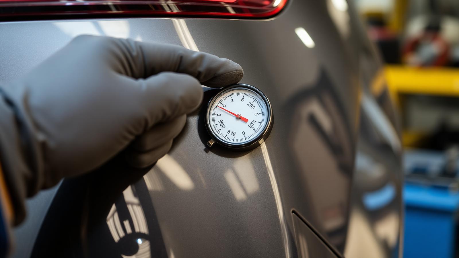 Inspector using a paint depth gauge on a car's rear quarter panel to reveal previous accident repair