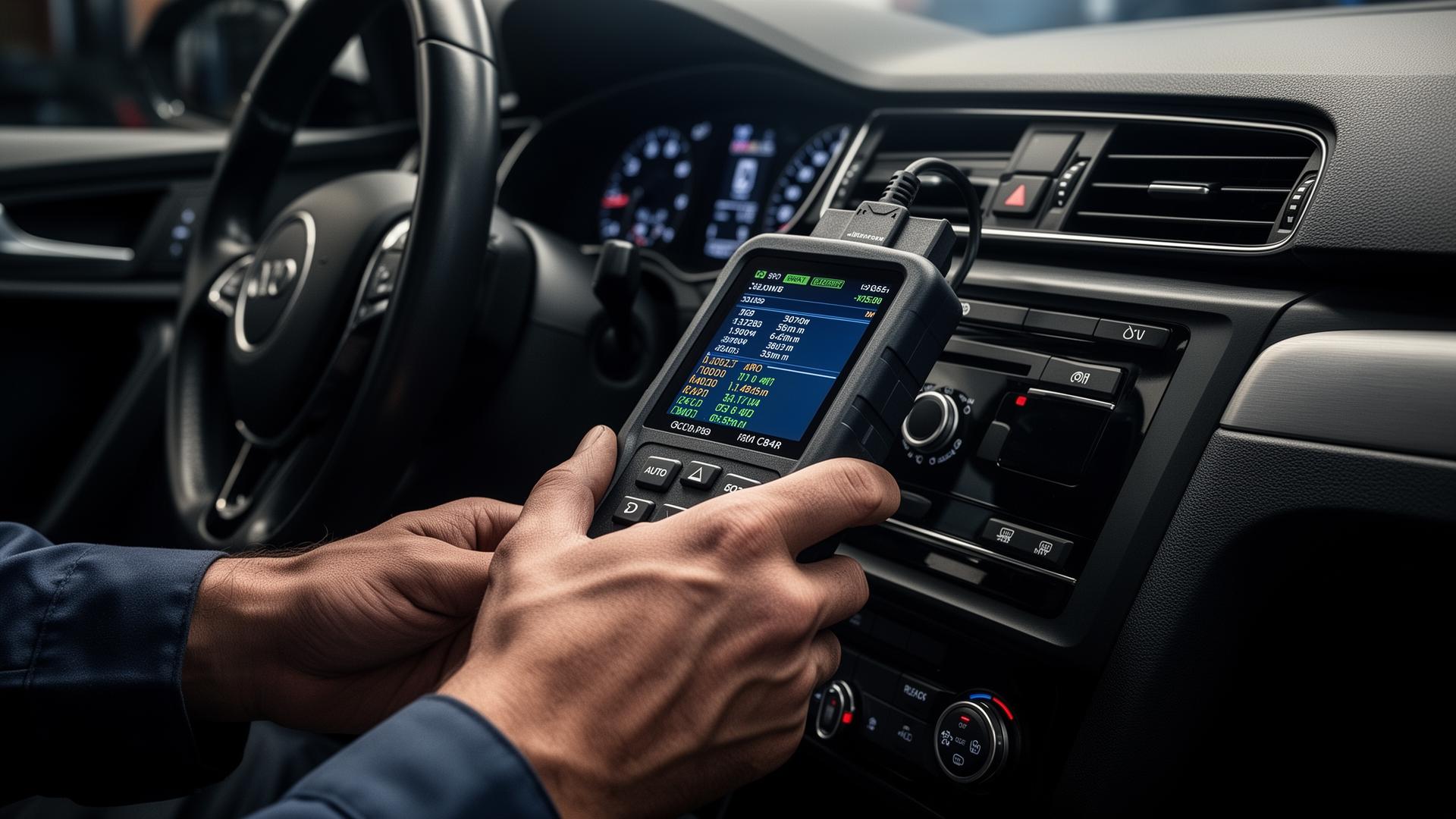 Inspector running an OBD-II diagnostic scan on a used car dashboard