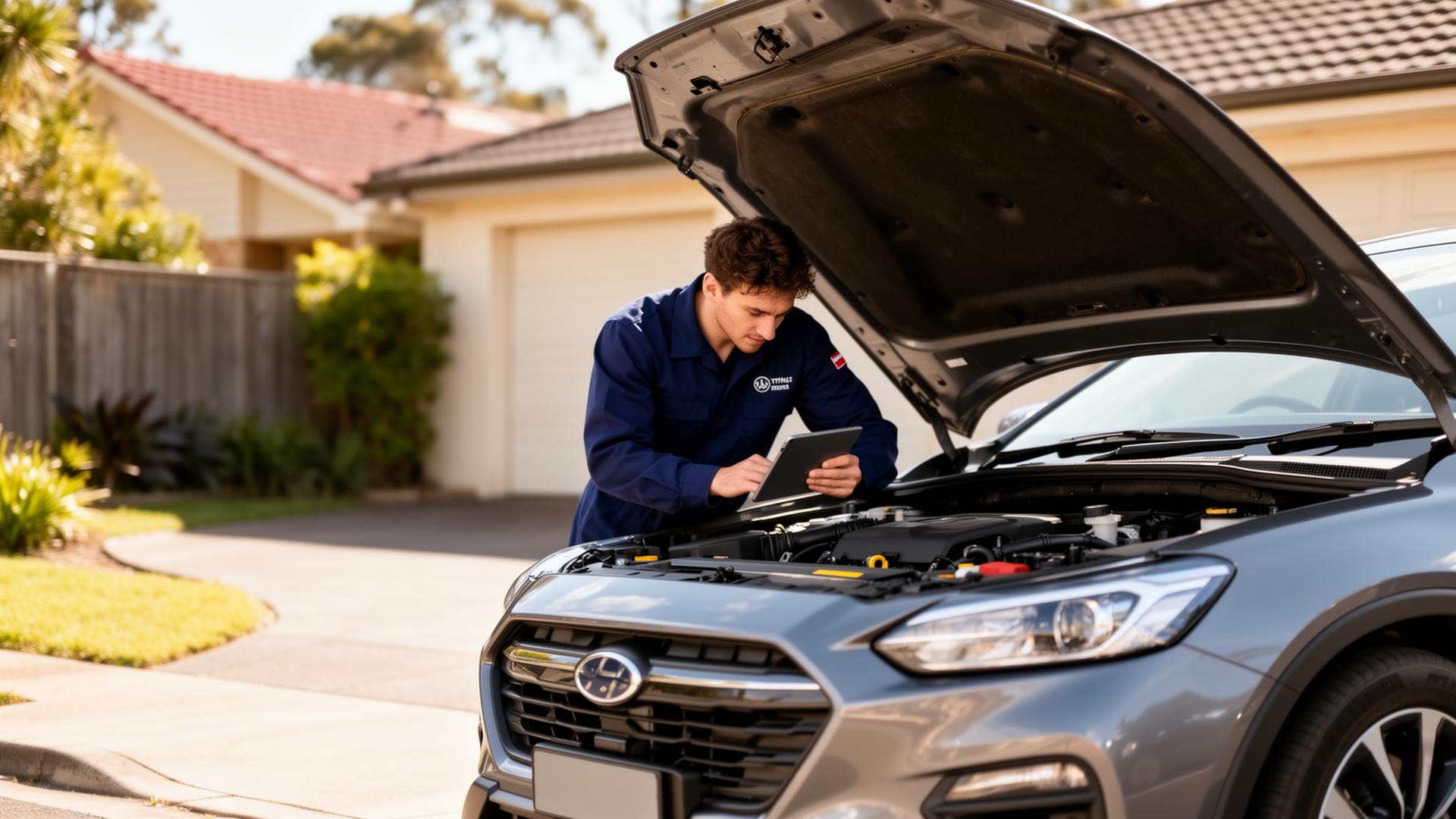 Aussie Auto Care mobile mechanic inspecting a used car in a Sydney suburban driveway