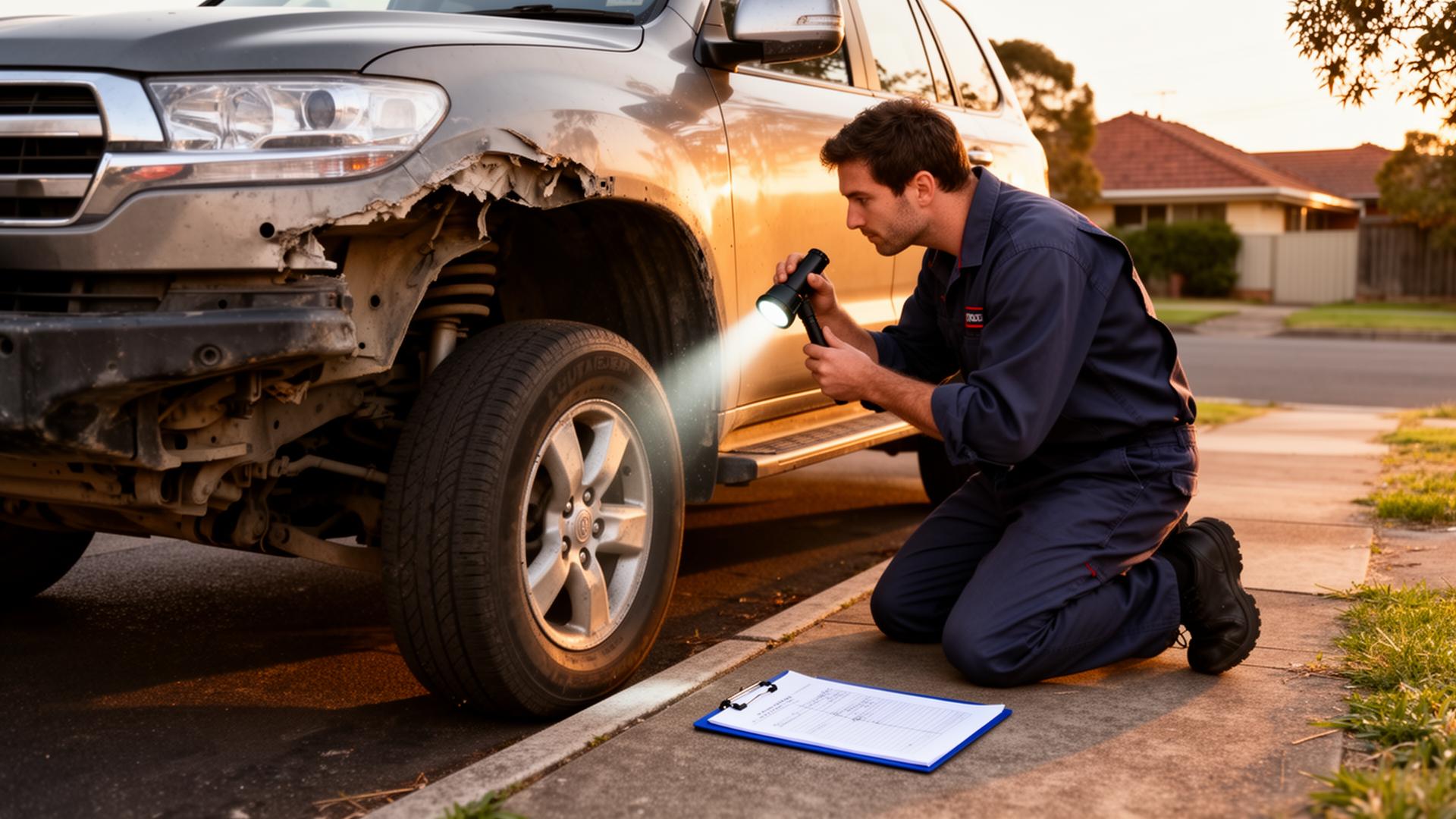 Mechanic checking the underside and suspension of an SUV in a Sydney suburban street