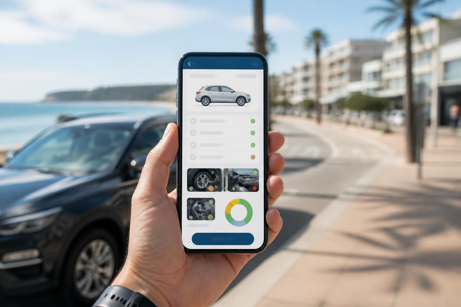 Shire buyer reviewing a pre-purchase car inspection report on a phone near Cronulla beach