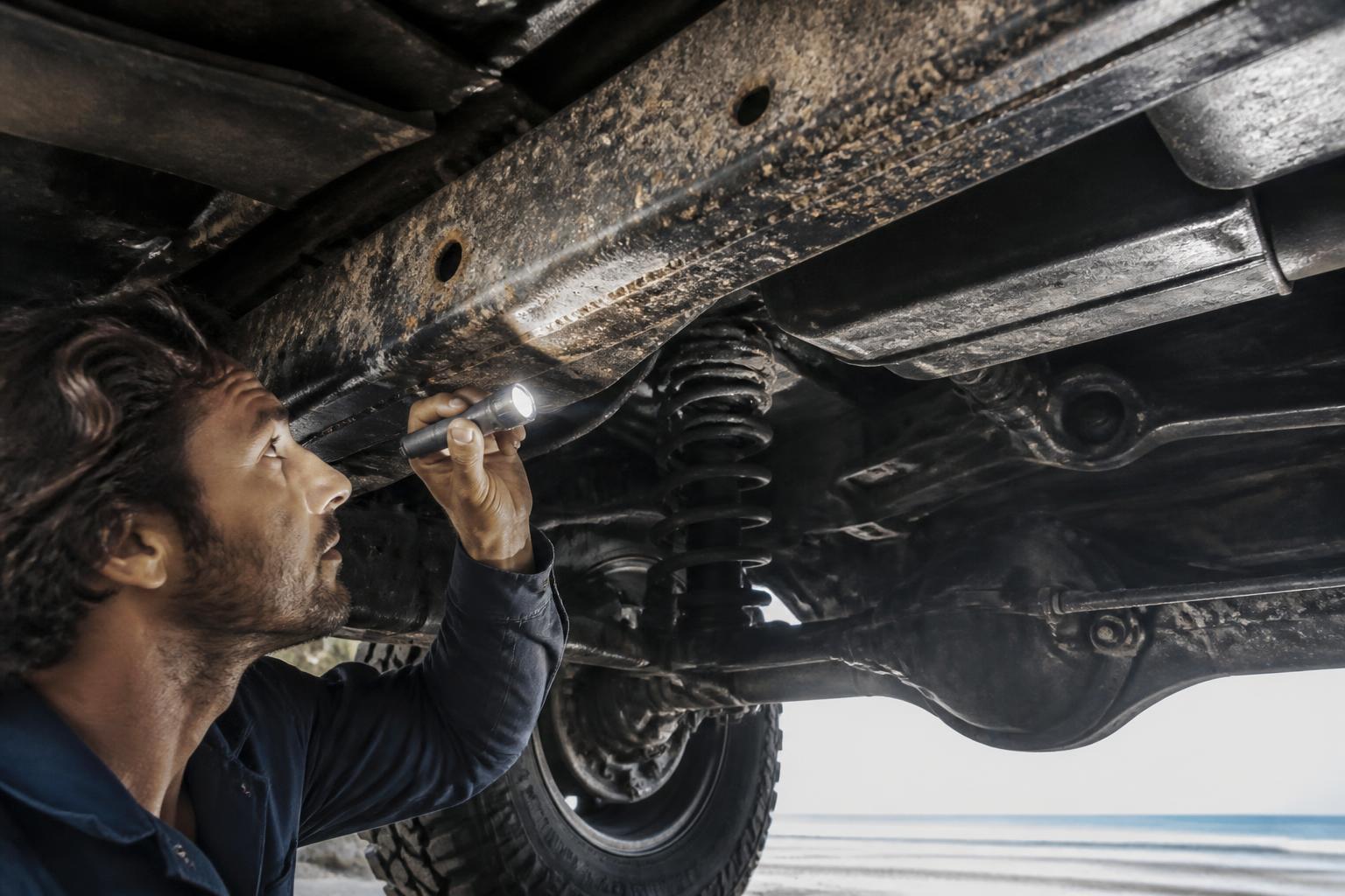 Mechanic inspecting underbody and brake lines on a used SUV in Miranda for corrosion
