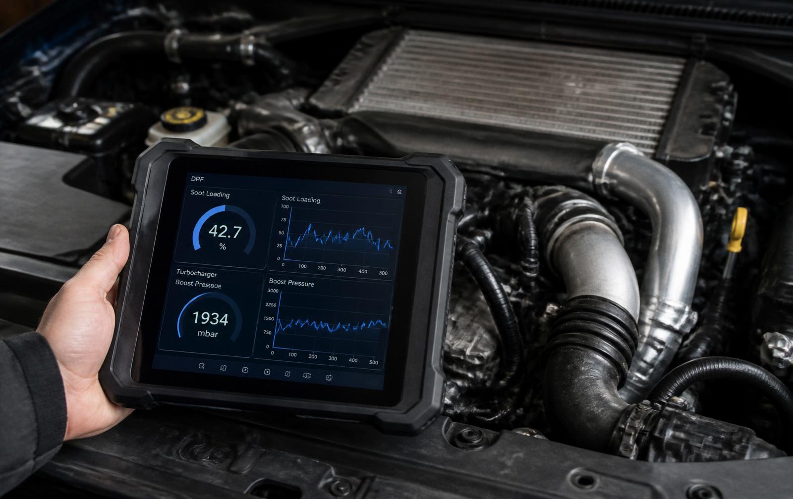 Technician's hand holding a diagnostic tablet in a van engine bay, screen showing DPF soot loading percentage and turbocharger boost pressure graphs