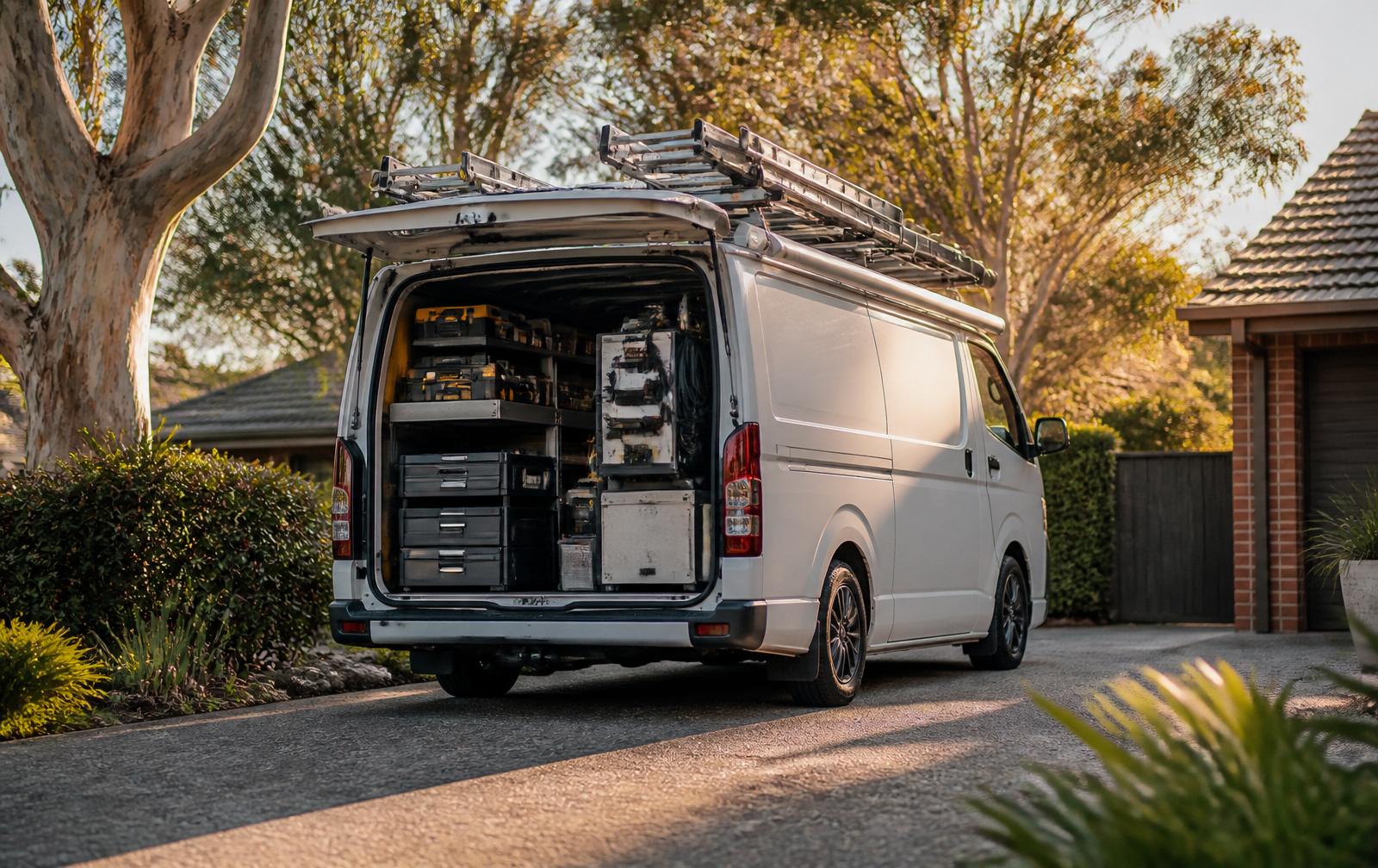 White commercial cargo van with ladder racks parked in a Sydney tradie's driveway at golden hour, rear doors open showing organised tool storage